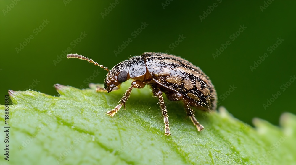 Poster Macro Shot of a Mottled Beetle on Leaf with Green Background : Generative AI