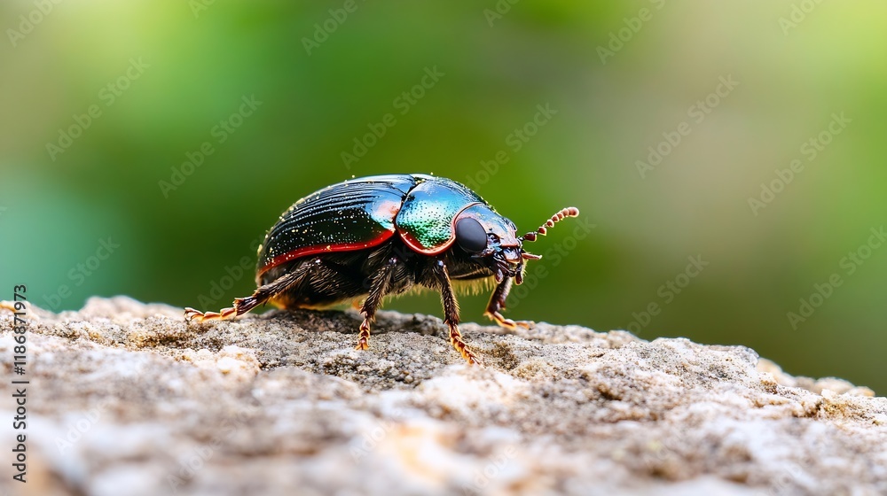 Poster CloseUp Macro Shot of a Shiny Colorful Beetle on Stone Surface : Generative AI