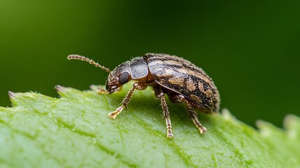 Macro Shot of a Mottled Beetle on Leaf with Green Background : Generative AI