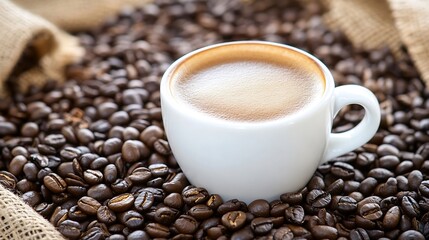 Warm Cup of Coffee Surrounded by Coffee Beans on Rustic Burlap : Generative AI