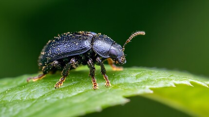 Closeup of Shiny Dark Beetle on Leaf with Detailed Texture and Green Background : Generative AI