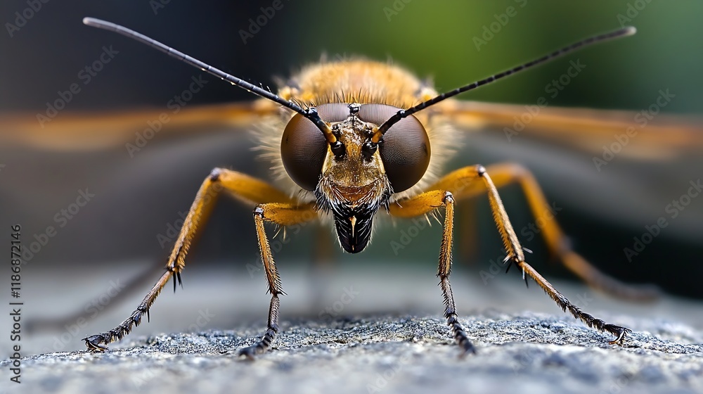 Poster closeup of a hoverfly with detailed eyes and wings in natural habitats : generative ai