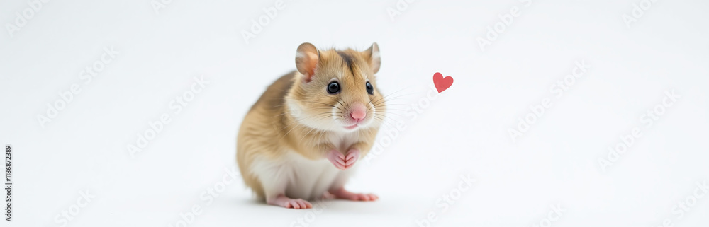 Poster a small hamster sits alone on a white background with its fur prominently displaying a bright red he