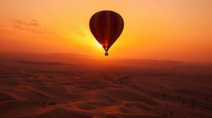 Fototapeta premium A vibrant hot air balloon soaring over golden sand dunes at sunset.