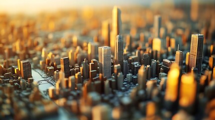 Miniature Cityscape Under Golden Sunlight Featuring Skyscrapers and Urban Design : Generative AI