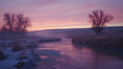 Serene winter sunrise over a calm river, reflecting the purple and pink hues of the dawn sky.  Frozen banks and silhouetted trees create a peaceful scene.