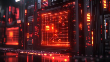 Obraz premium Digital concept of a quantum computer, featuring quantum bits floating in a grid pattern with dynamic light patterns, symbolizing quantum computing's revolutionary impact