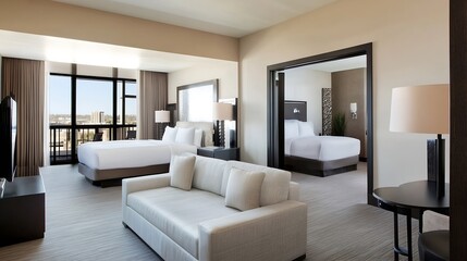 Modern Hotel Suite Interior with Cozy Sofa and Large Windows : Generative AI