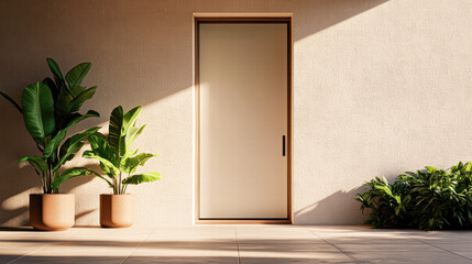 Serene minimalist doorway surrounded by lush plants and natural light in residential design