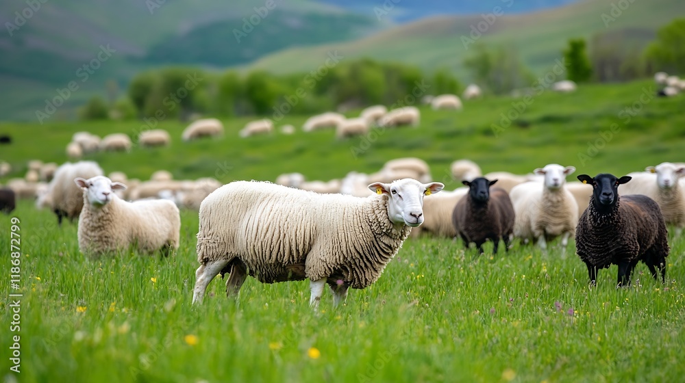 Poster sheep grazing on lush green pasture in countryside setting : generative ai