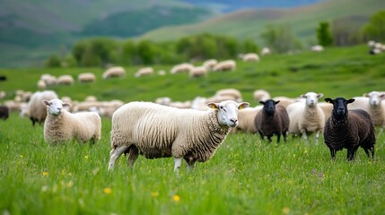 Fototapeta premium Sheep Grazing on Lush Green Pasture in Countryside Setting : Generative AI