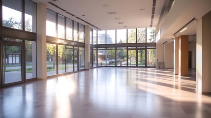 Modern Sunlit Interior Atrium with Expansive Glass Windows in Urban Building Design : Generative AI