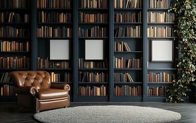Luxurious library interior with leather armchair, bookshelves, and artwork