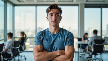 Serious man standing confidently in a modern office