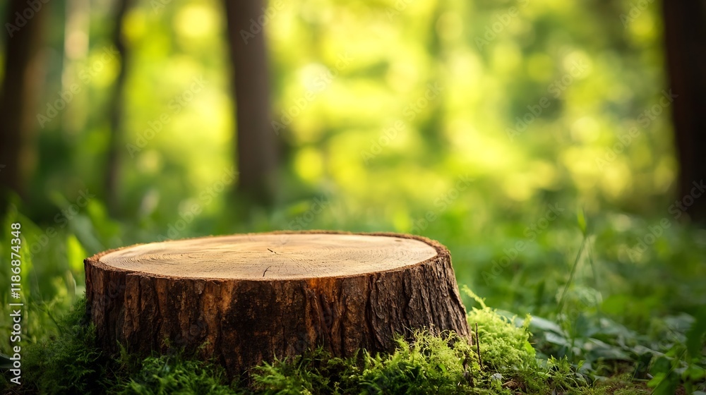 Poster Sunlit Tree Stump in Forest Highlighting the Cycle of Nature and Regeneration : Generative AI