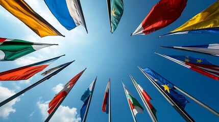 International flags array against blue sky showcasing global unity and cultural diversity : Generative AI