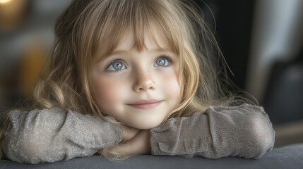 Dreamy portrait of a smiling child with sparkling eyes and freckles