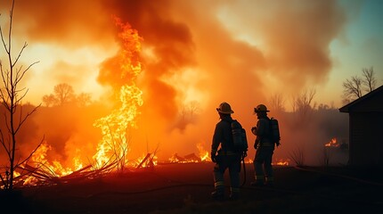 Fototapeta premium Fire Rescue Stopping Wildfire in Los Angeles Forest – Aerial View of Forest Fire Control