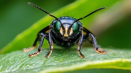 Fototapeta premium Closeup of Shiny Green Metallic Bee on Leaf with Macro Detail : Generative AI