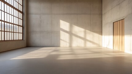 Large Minimalist Concrete Room with Sunlight and Wooden Door : Generative AI