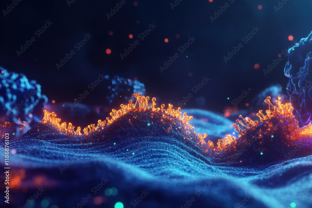 Fototapete detailed visualization of a virus structure revealing capsid, spikes, and glowing rna strands in a d