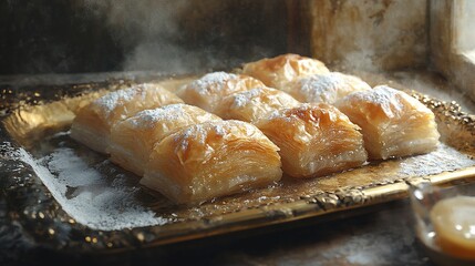 Golden tray of warm, flaky pastries dusted with powdered sugar.