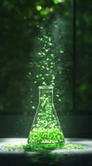glass flask filled with floating green leaves, illuminated by soft light, creates serene and enchanting atmosphere