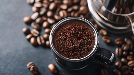 Rich Aroma of Freshly Ground Coffee in Black Mug Surrounded by Coffee Beans on Dark Background : Generative AI