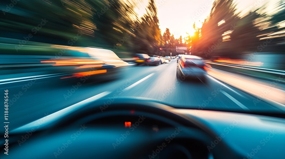 Poster Dynamic Motion Blur on Highway at Sunset Capturing Speed and Energy of Traffic : Generative AI