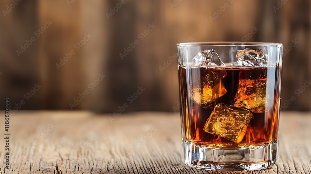 Poster Glass of Whiskey with Ice on Rustic Wooden Table Capturing Elegance and Warmth : Generative AI