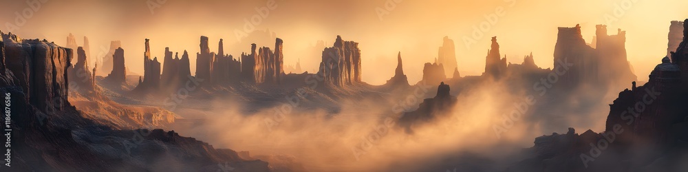 Poster panoramic view of the sandstone pillars glowing under golden hour light, with swirling mist adding a