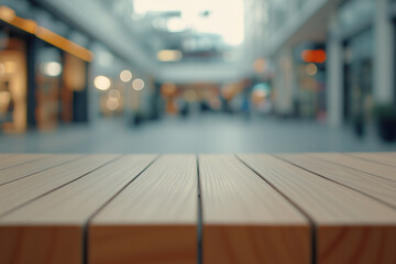 Obraz premium Wooden top table with mall in background