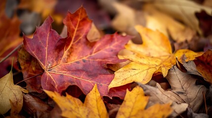 Vivid Autumn Maple Leaves in Rich Red and Golden Hues Signifying Seasonal Change : Generative AI