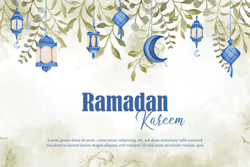 Watercolor Blue Islamic Lantern on Ramadan Kareem Greeting Card Background