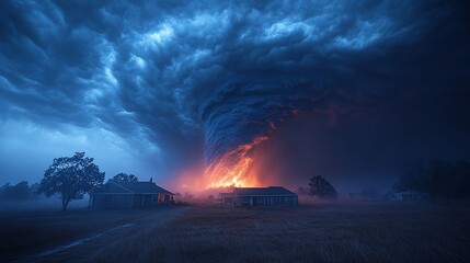 Fiery Tornado Approaching Houses in a Rural Field