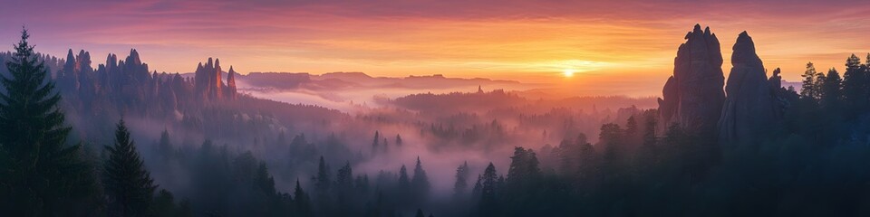 Naklejka premium Wide-angle shot of the sandstone spires glowing under the vibrant colors of sunrise, with dense forests adding depth to the scene, in 4K resolution