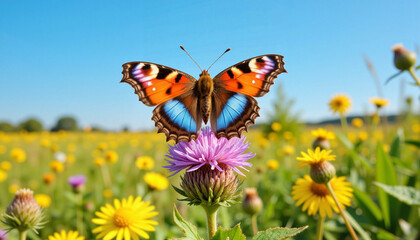 Obraz premium Butterfly resting on pink flower in vibrant field