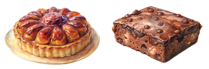 Delicious dessert illustration, watercolor style, sweet pastry art, gourmet brownie, food photography, bakery treats.