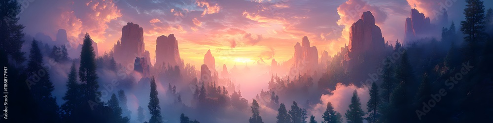 Aufkleber panoramic view of the sandstone pillars glowing under fiery sunset hues, with dense forests and soft