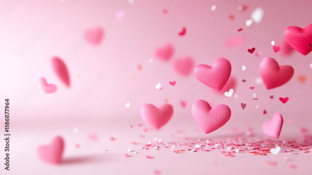 Poster Pink and white hearts of different sizes are floating on a pink background with glitter, creating a romantic atmosphere for valentine's day, weddings, or other love themed celebrations