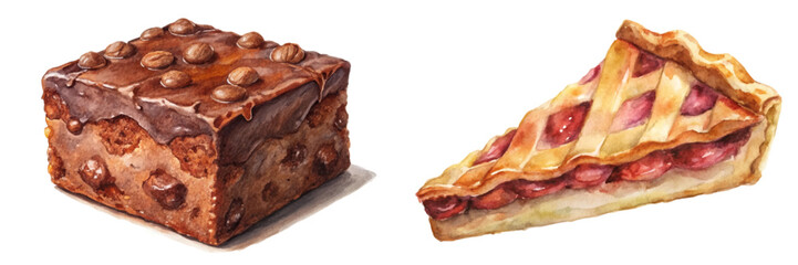Delicious dessert illustrations, chocolate brownie, cherry pie slice, watercolor style, food art, culinary design.