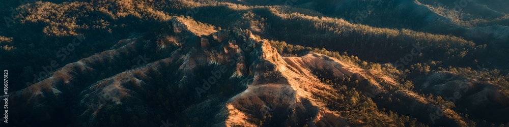 Poster aerial panorama of the sandstone formations glowing under golden hour light, with dense forests and 