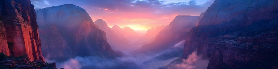Obraz premium Wide shot of the rugged cliffs glowing under vibrant twilight, with mist swirling dramatically in the background, in 4K resolution