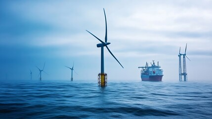 Offshore wind turbines at sea with cargo ship in the background under cloudy skies : Generative AI