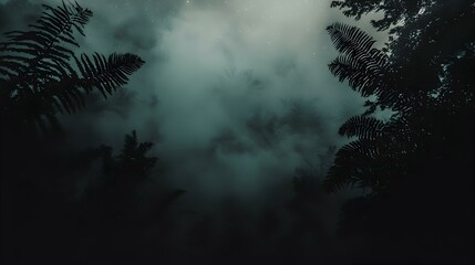 Mystical Foggy Forest at Night.  Silhouetted ferns under a starlit sky.