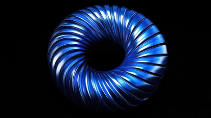 Mesmerizing 3D Abstract Geometric Spiral: Deep Royal Blue Ribbed Organic Structure, Mathematical Sculpture Twisted Torus, Parametric Design Helical Curves, Smooth Metallic Surface, Dark Background, Cl