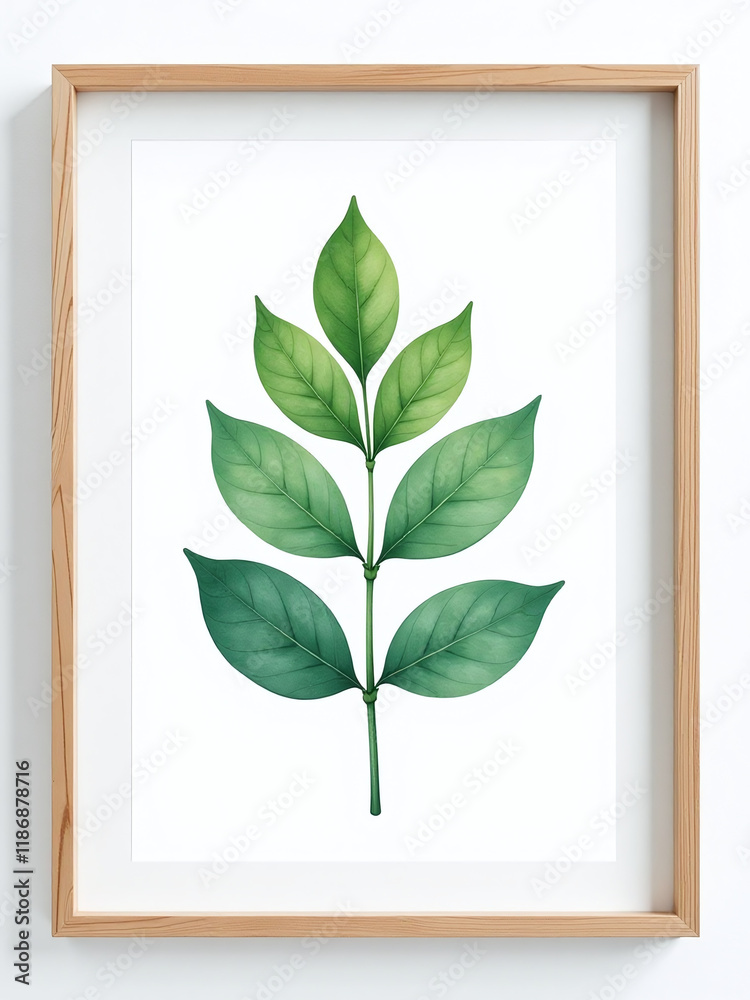 Poster a single watercolor leaf is delicately placed within a simple frame set against a clean isolated bac