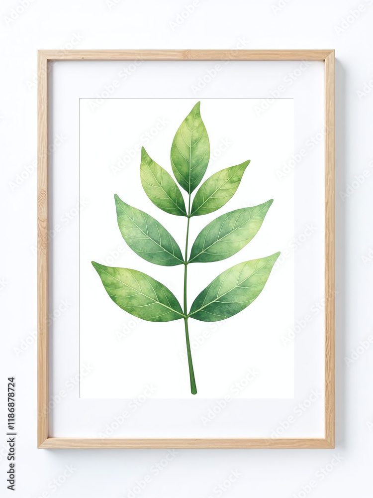 Poster a single watercolor leaf is delicately placed within a simple frame set against a clean isolated bac