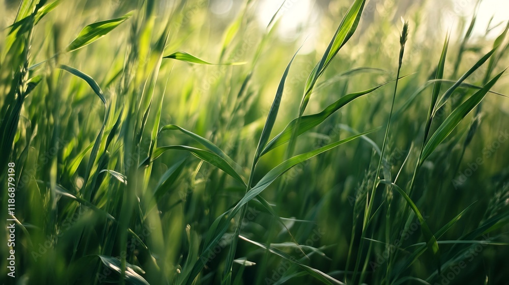 Poster green grass blades in gentle breeze with soft light and shadows : generative ai