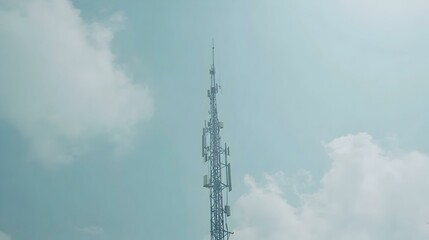 Obraz premium Tall communication tower against a cloudy sky. Perfect for technology, communication, and infrastructure concepts.